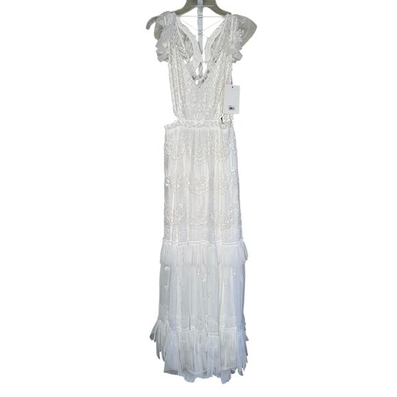 Mac Duggal NWT Lace Up Back Ruffle Skirt Dress in White Size 10 - Picture 4 of 8